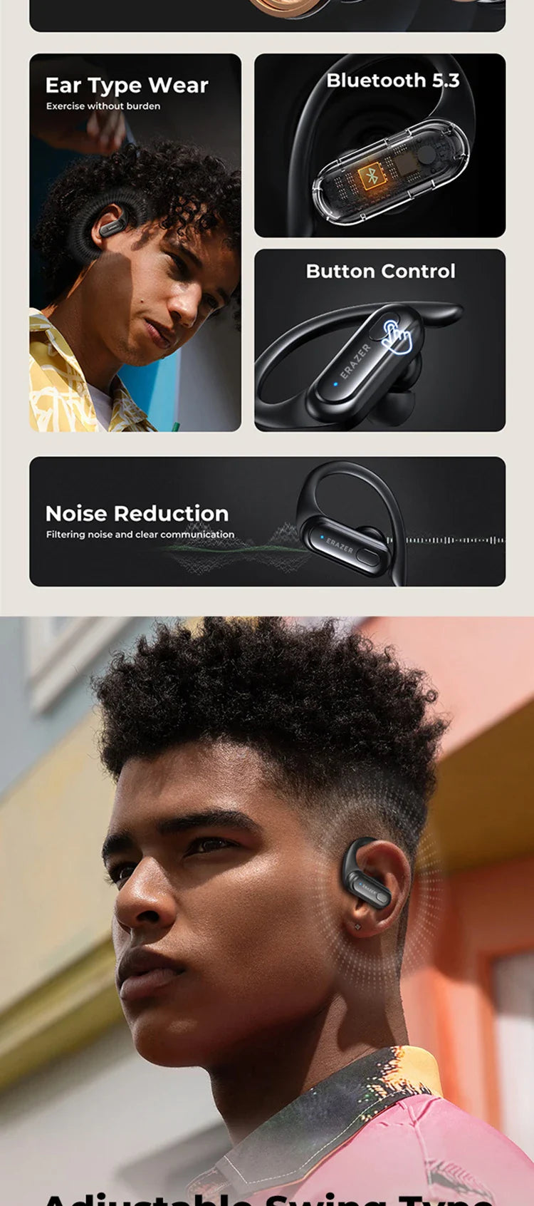 ERAZER XT60PRO Sports Wireless Headphones Bluetooth  Earphones Earbuds Noise Reduction Headset with Mic Earhook
