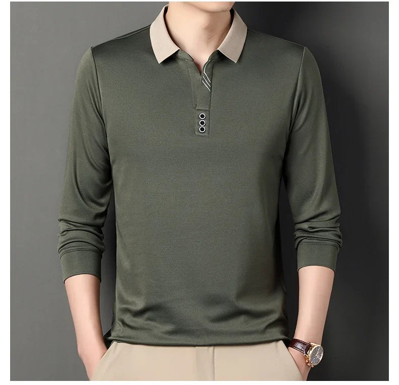 New Men's Long-sleeved Polo Shirt Sweatwear Business Casual Top Fashion Classic Solid Color Male Brand Basic V-neck Top