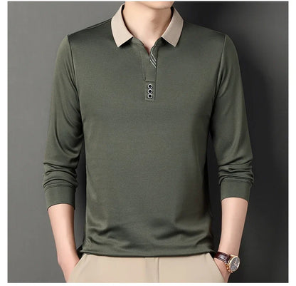 New Men's Long-sleeved Polo Shirt Sweatwear Business Casual Top Fashion Classic Solid Color Male Brand Basic V-neck Top