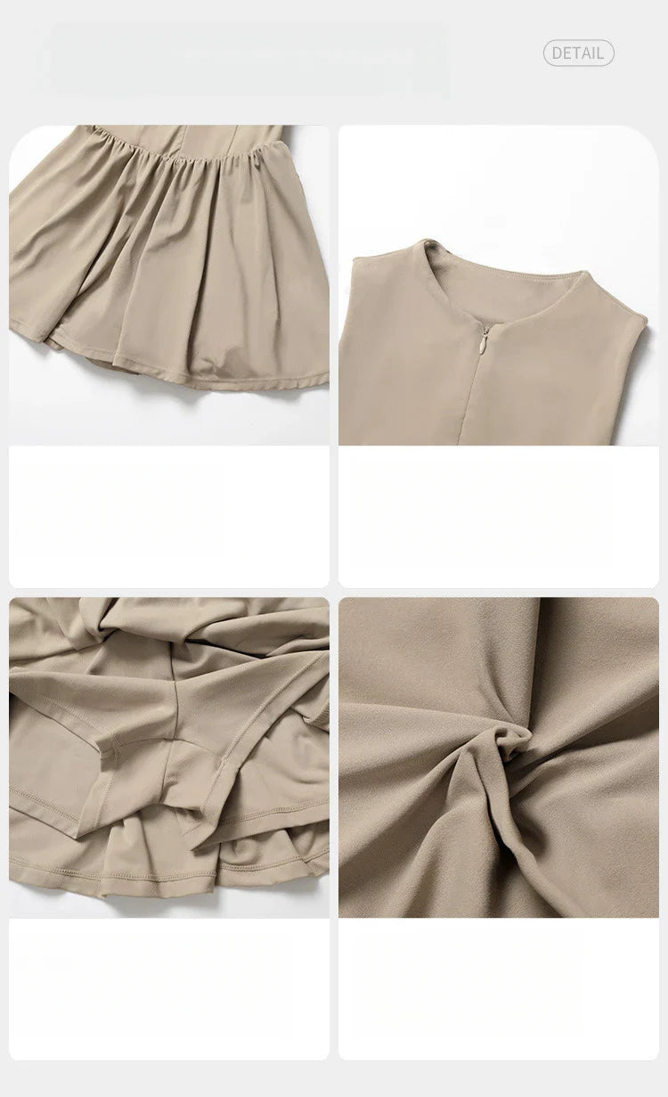 BIANHUI Women's Summer Sundress Fake Two-Piece Stand Collar Dress Running Anti-Exposure Base Layer A Flared Tennis Skirt