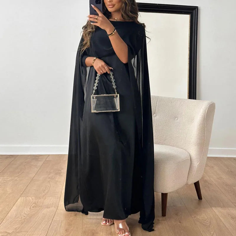 Evening Dresses:  Women Big Hem Long Dress Casual O Neck Solid Color Chiffon