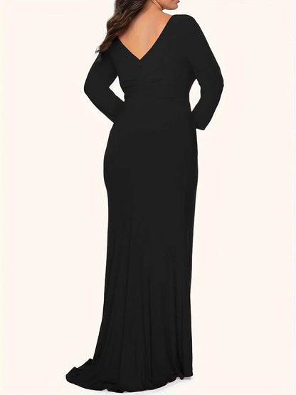 Plus Size Black Sexy V-Neck Elegant and Slim Fitting Long Sleeve High Split Women's Evening Dress Party Vestido Female Robe