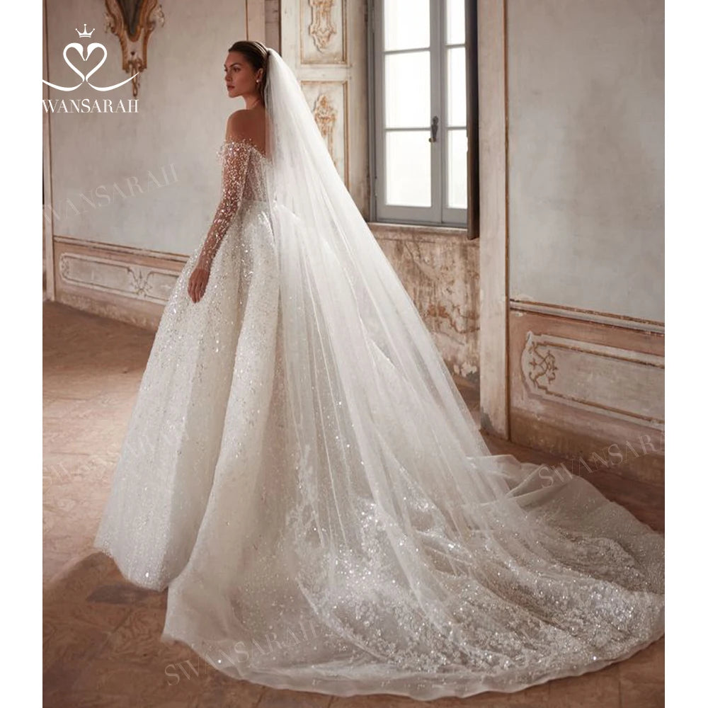 White Bridesmaid Dresses: Wedding Dress Long Sleeve Beading Chapel Train Princess