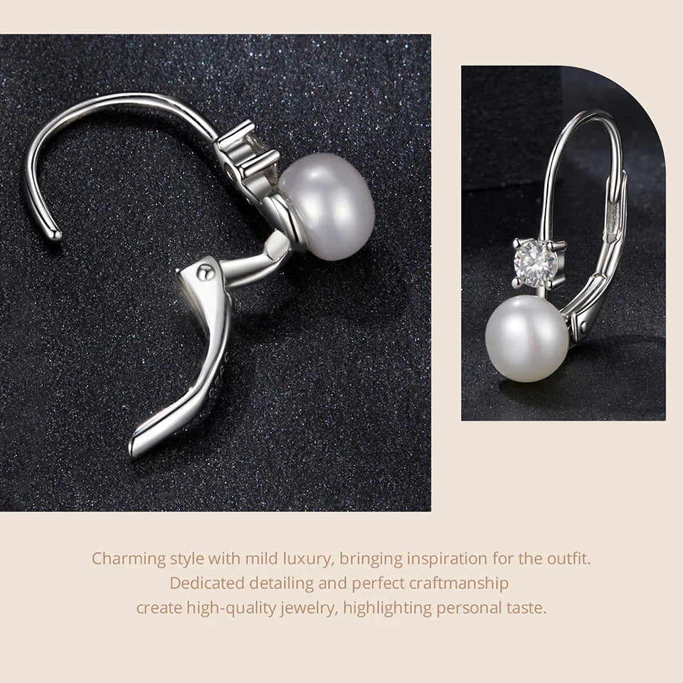 BAMOER Moissanite Freshwater Pearl Earrings for Women Wedding, Round Cut Lab Diamond 925 Sterling Silver Drop Dangle Ear Buckles