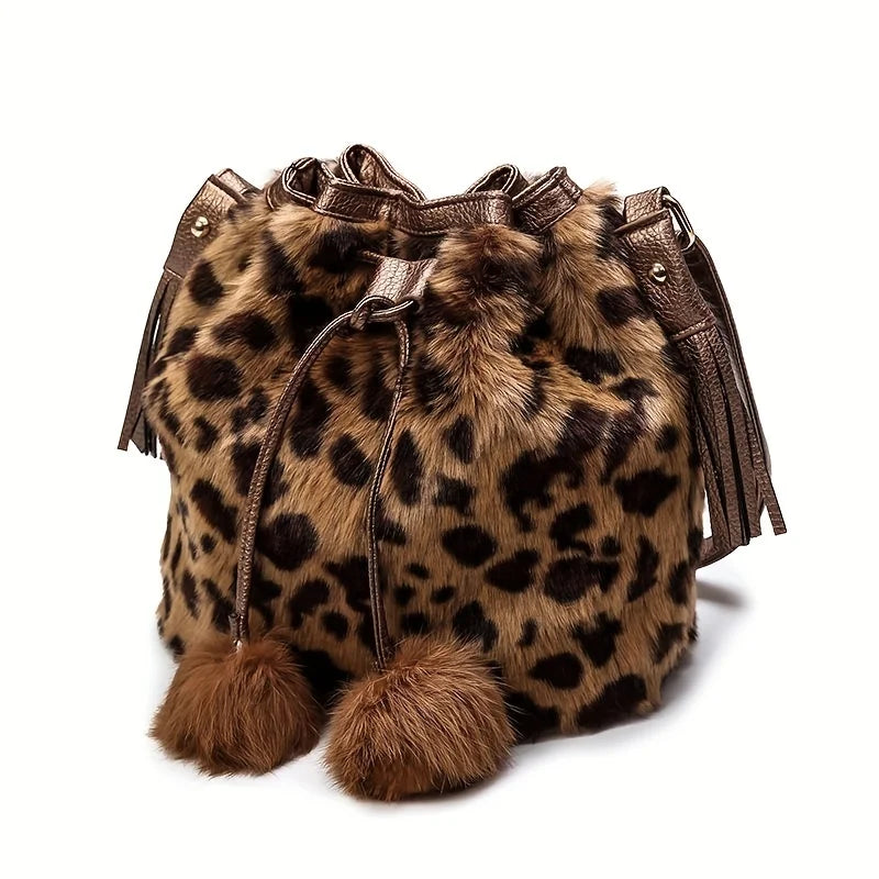 Plush Leopard Print Bucket Bag Fashionable Drawstring Crossbody Bag