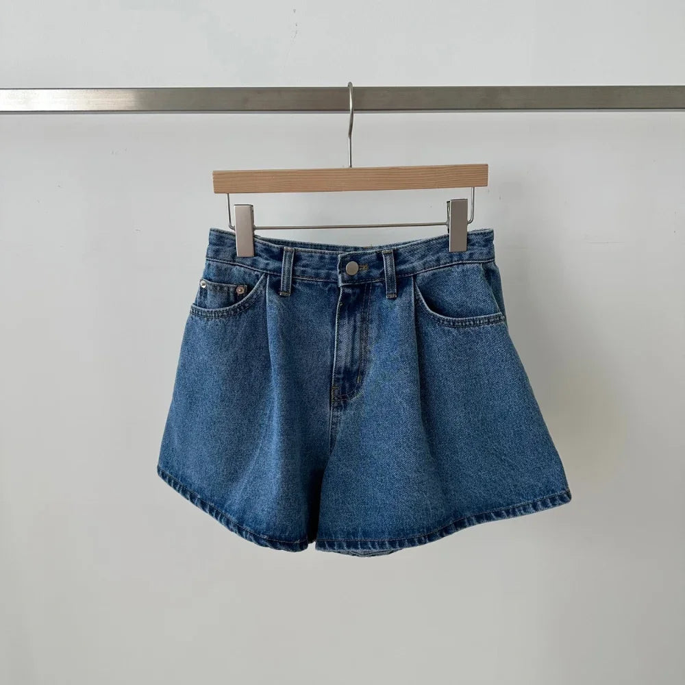 REALEFT 2024 New High Waist Washed Women's Denim Wide Leg Shorts Summer Buttons Casual Female Blue Jeans Trouses Pockets