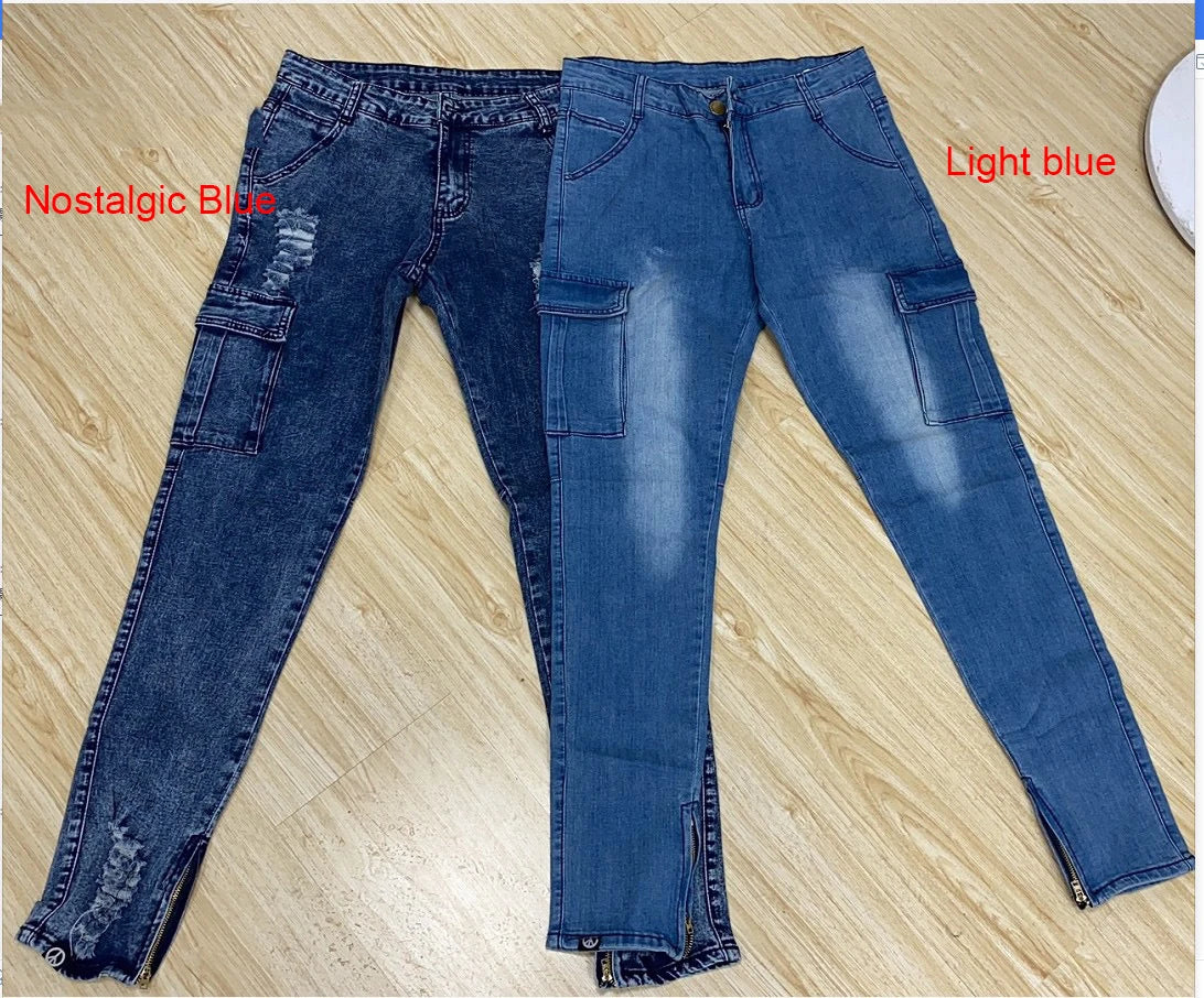 Men Jeans Pencil Pants Solid Denim Sheath Mid Waist Zipper Fly Pockets Slim Fit