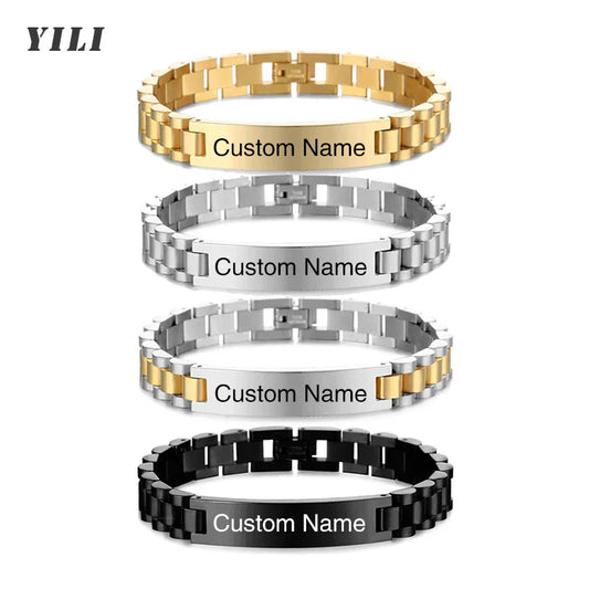Personalized Engravable Stainless Steel ID Bracelets for Men Custom Engrave Name Plate Identity ID Bar Bracelets for Him19-21CM