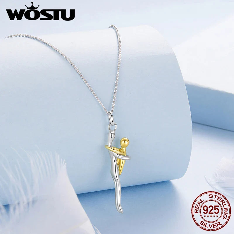 WOSTU Real 925 Sterling Silver Hug Embrace Pendant Necklace Silver Gold Two-tone Mom & Child Pendant Family Gift  Mom Jewelry