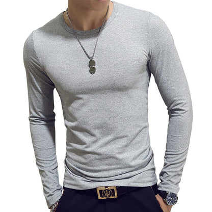 White Solid Color Basic Slim Men T-shirt Spring Autumn Bottoming Shirt Men Round Neck V-neck Casual Tops Long-sleeve Shirts