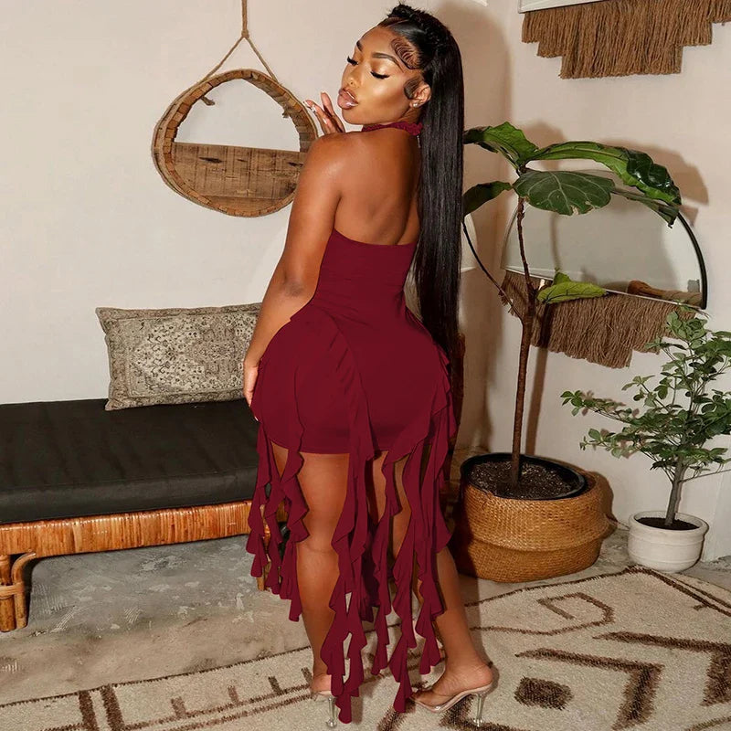 Hugcitar Elegant Halter Solid Ruffles Backless Taseel Sexy Slim Mini Dress Spring Women Cute Outfits Birthday Party Vacation