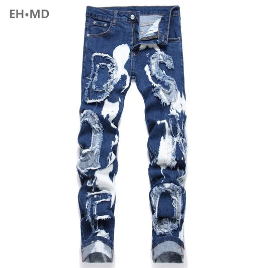 Men's Perforated Jeans 3D Inner Embroidery Zipper Bleached Slim Fit Pantyhose