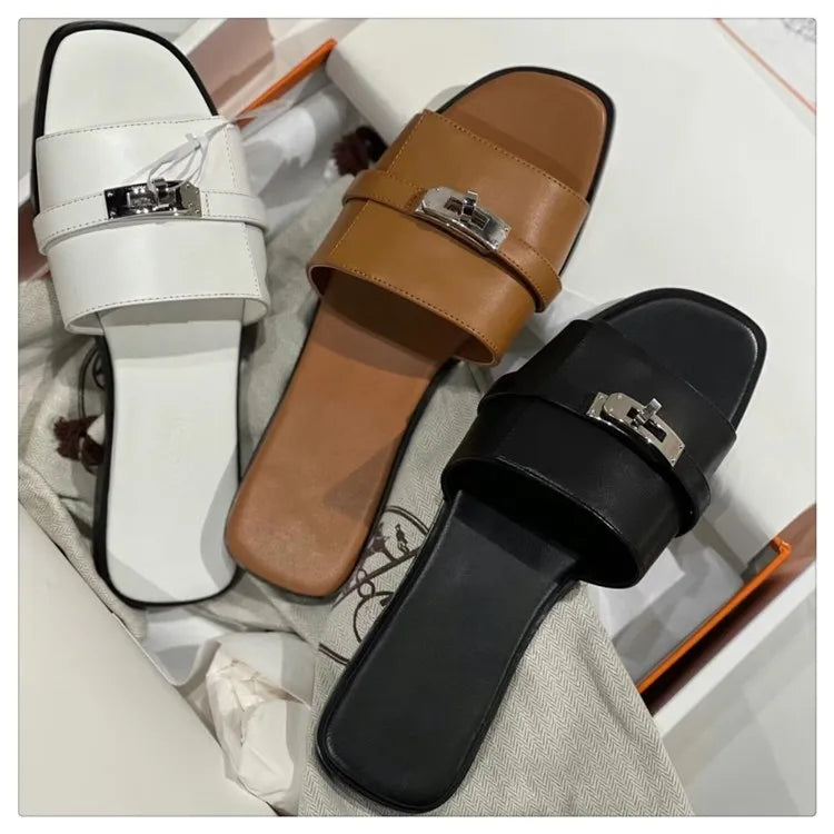 Women Slippers Peep Toe Flat Heels Metal Decor Designer Ladies Mules