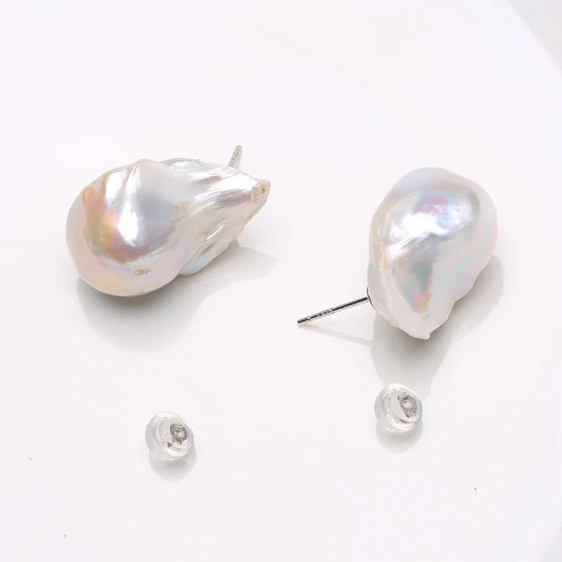 Natural Freshwater Pearl 925 Sterling Silver Large Baroque Pearl Stud Earrings 15-25mm INS Fine Jewelry  Gifts for Women  EA