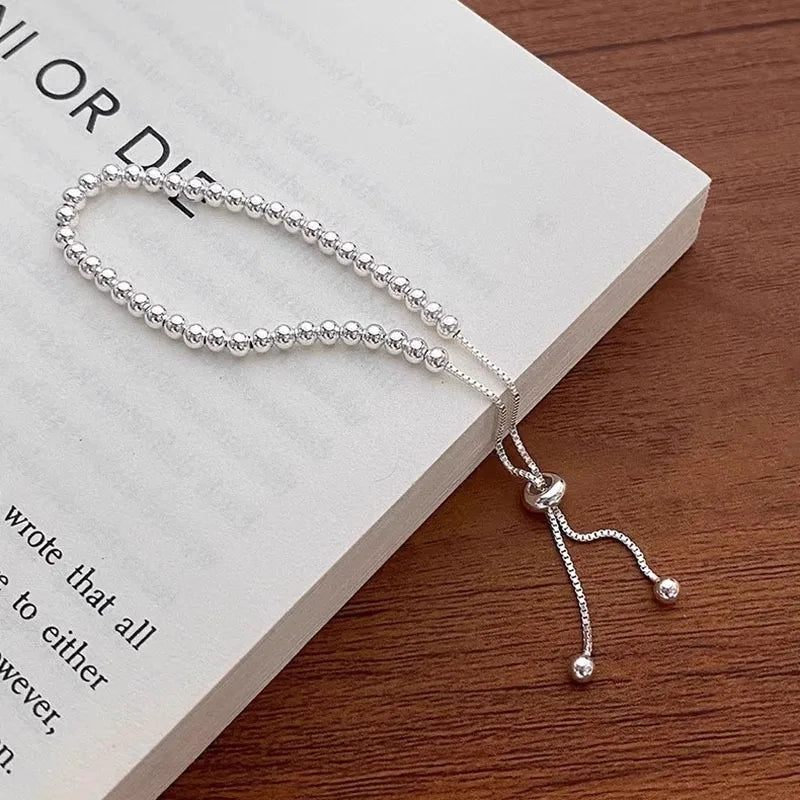 100% Solid 925 Sterling Silver Metal Bracelets for Women Men Beads Adjustable Handmade Simple Bracelet Birthday Christmas Gifts