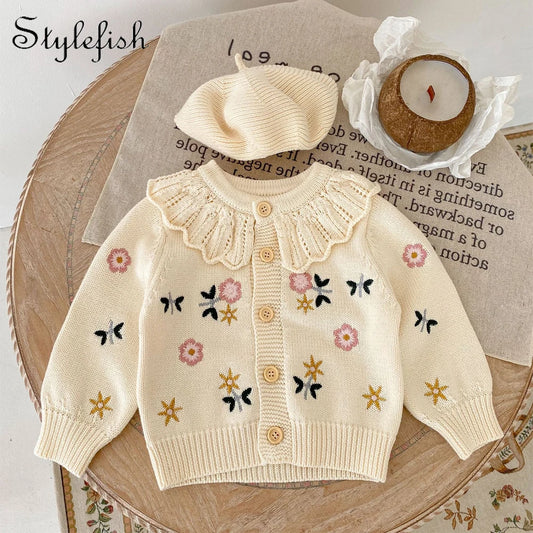 Baby knitwear embroidered flower coat girl baby sweater