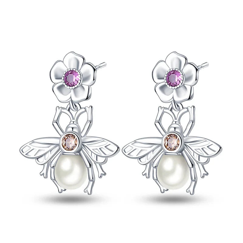 Earrings For Womens 925 Silver Color Pink Rainbow Horse Bear Bee Double Hoop Earrings Fine Engagement Anniversary Jewelry Gifts