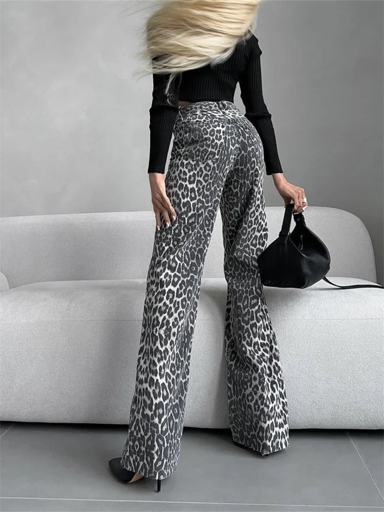 Retro Leopard Print Jeans for Women Elegant Ladies Gray Denim Pants Wide Leg Hip Hop