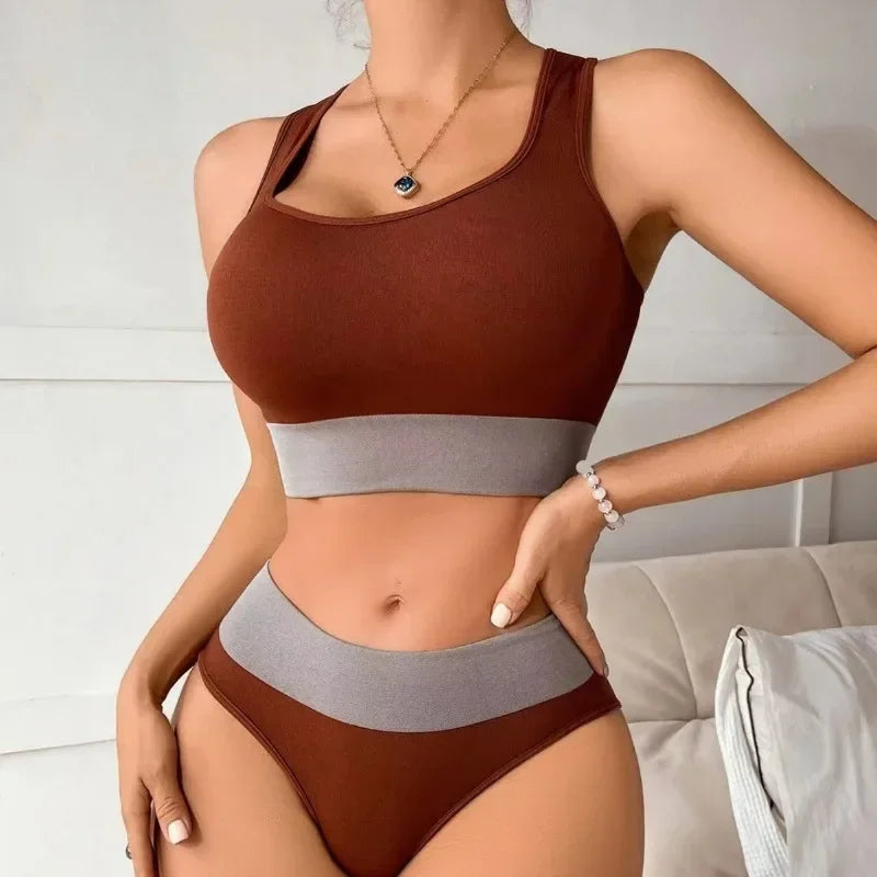 Women Seamless Bra Set Panties Mid Waist Comfortable Sports Underwear Set