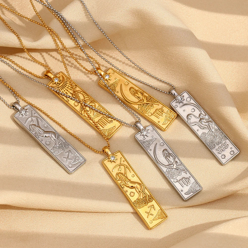 E.B.belle 18k Gold Plated Rectangle Shape 12 Constellation Pendant Necklace Stainless Steel Waterproof Fashion Women's Jewelry