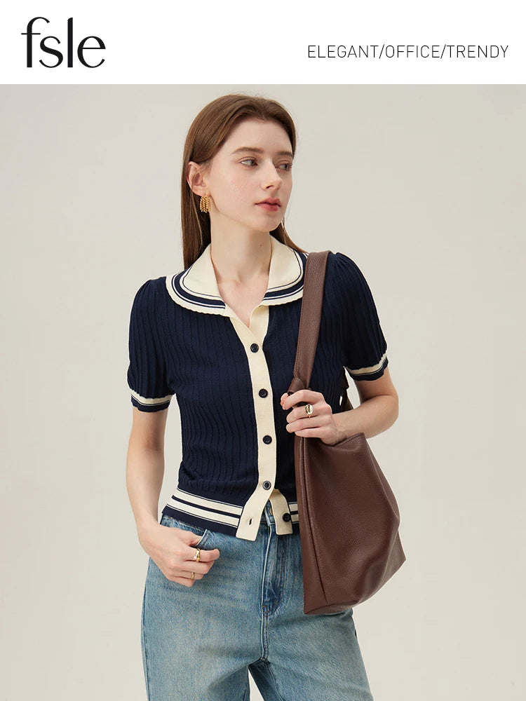 College Style Contrast Polo Collar Knitted Cardigan Women Knitwear