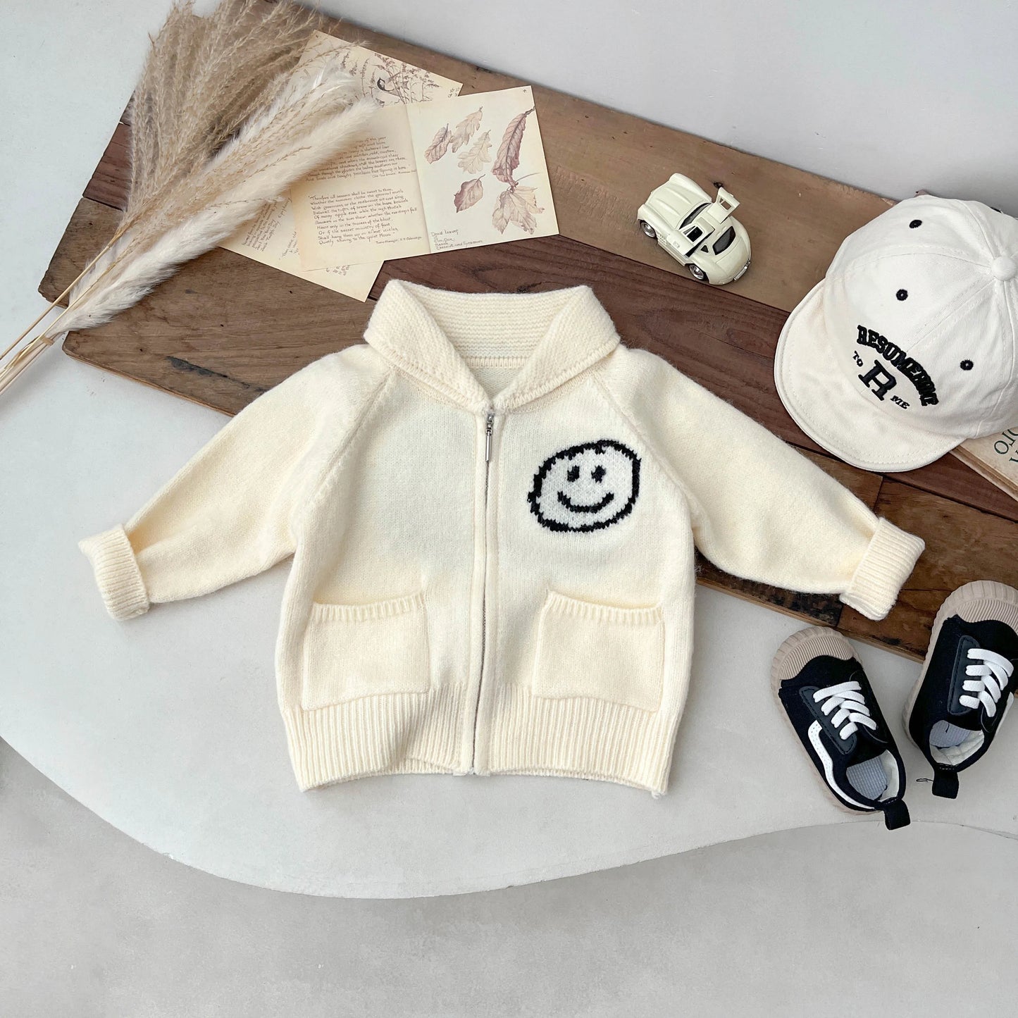 Baby Girls/Boys Knitted Coat Zippered Korean Long Sleeved with Vertical Pattern Fashion Soft Casual