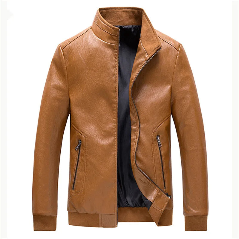 Mens Motorcycle Jacket  Solid Color Stand Collar PU Leather Jackets