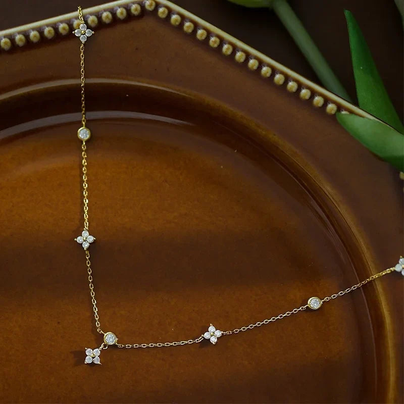 Dainty Lucky Leaf Necklace for Women 925 Sterling Silver Trendy 14K Gold Plating Cute White CZ Flowers Pendant Choker Necklaces