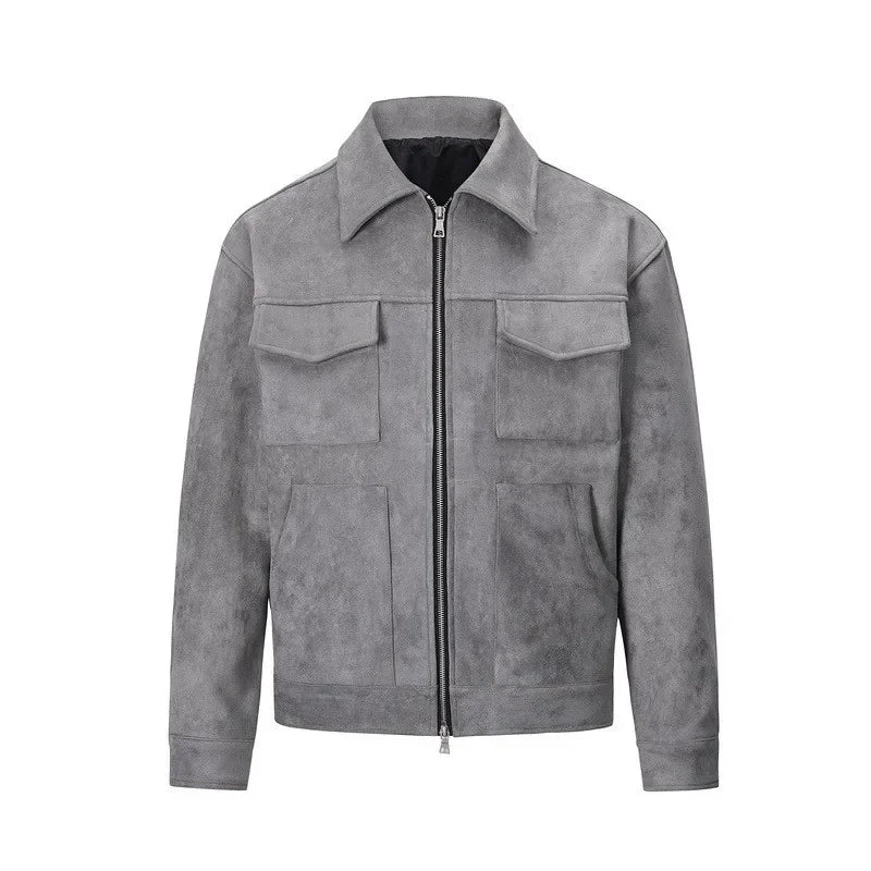 Vintage High Street Suede Material Crock Jacket With Zipper Lapel Casual Short Jacket