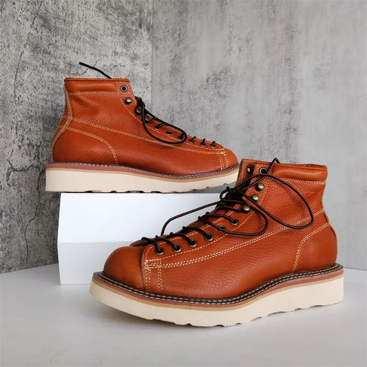 Men Genuine Leather Boot  Retro Male  Military Boots Brown Motocross Boots