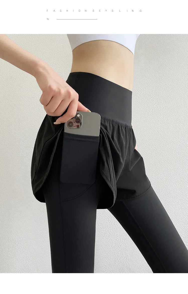 Women Gym Yoga Pants Fake 2 Pieces Sports Pants With Shorts Quick Dry Outdoor
