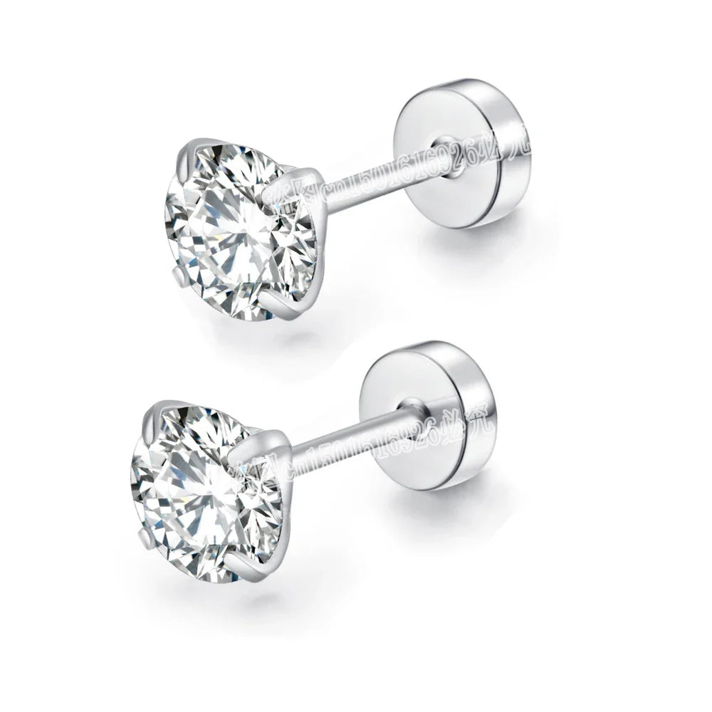Stainless Steel 5 Style CZ Zircon Silver Color Earrings For Women Men Crystal Screw Titanium Alloy Ear Studs Round Beads Jewelry