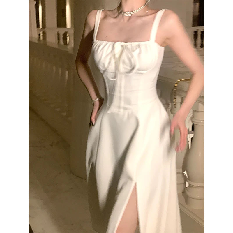 Evening Dresses: White Strap Midi Dress Casual Evening Party Dress Women
