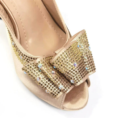 Hot Selling Peep Toe Square Heel Ladies Shoes Matching Bag Set in Golden Color For Mature Ladies Party