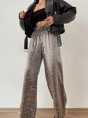 Vintage Leopard Print Wide Leg Pants Women Casual Loose Elastic Waist Female