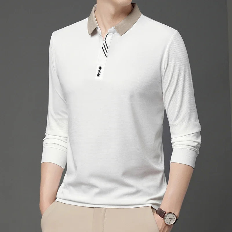 New Men's Business Casual Long Sleeved Shirt Solid Color Polo Shirt Fashionable Breathable Comfortable Versatile Top