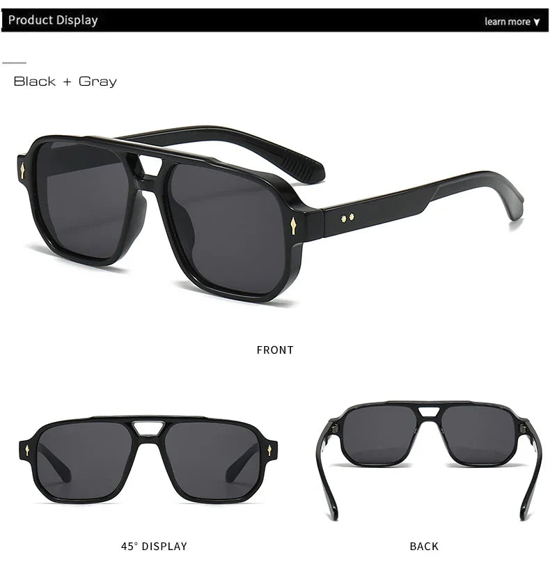SO&EI Vintage Double Bridges Men Square Sunglasses Fashion Clear Ocean Lens Eyewear Women Trending Rivets Sun Glasses UV400