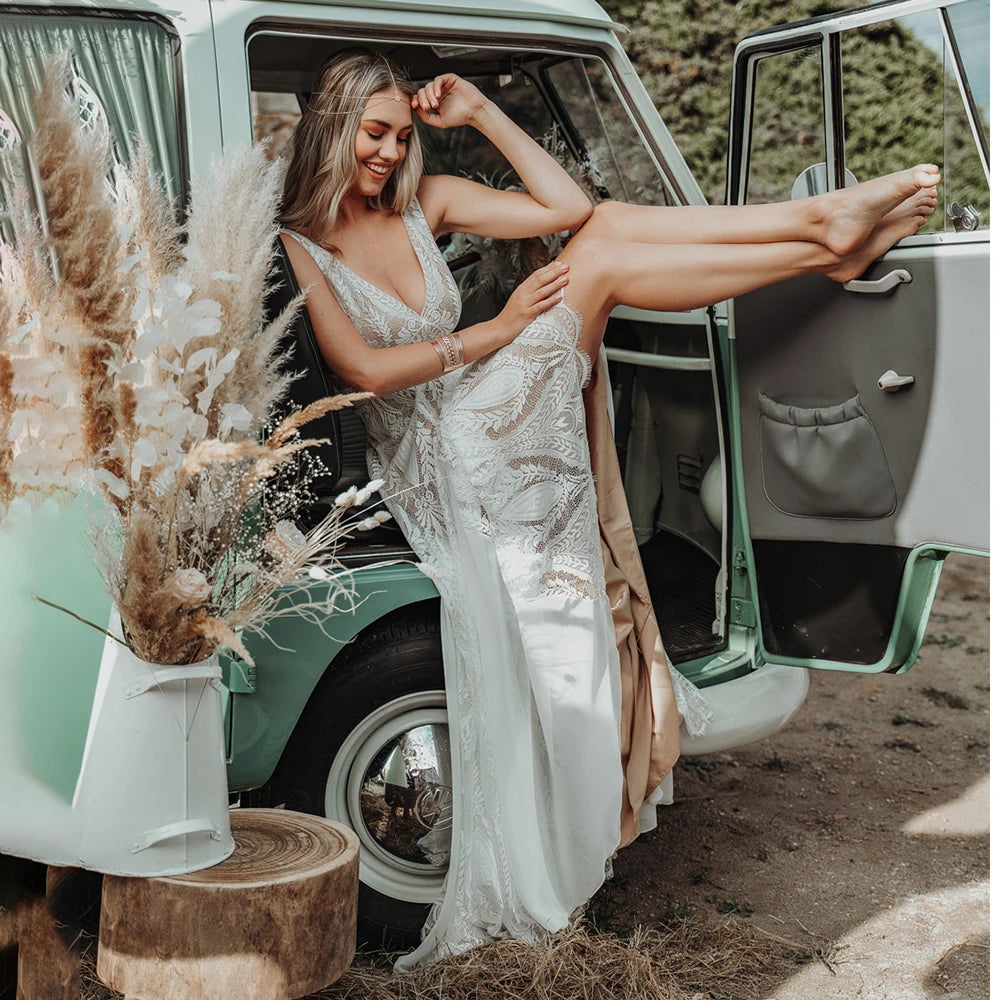 White Bridesmaid Dresses: Boho A Line Wedding Dress Hippie Lace Custom Made V Neck