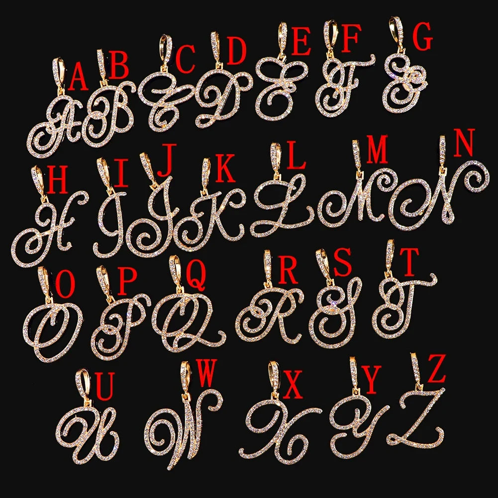 New Cursive Letters Cubic Zirconia Chain Intial Name Necklace Hip Hop Jewelry Gold Silver Color CZ 26 Alphabet Pendant Necklaces