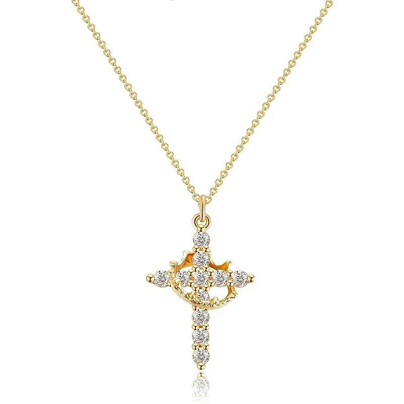 Rotatable Crown Rhinestone Cross Choker Necklace Earrings Rings for Women Minimalist Cross Chain Christian Jewelry Prayer Gift