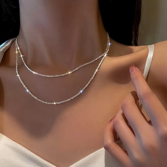 Authentic S925 Sterling Silver Necklace 2mm Sparkling Collarbone, Sweater Chain, High Charm Jewelry Gift for Women