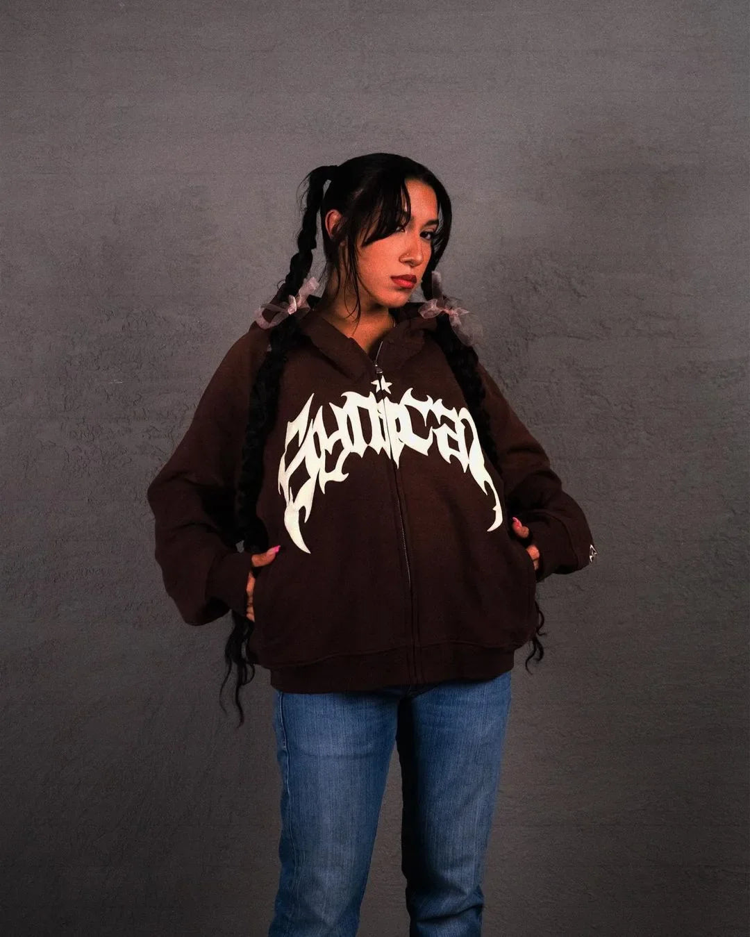 Hooded American retro zipper sweatshirt Gothic letter star print hoodie trendy men's casual