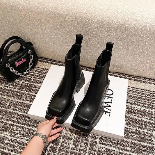 Genuine Leather Boots for Women Chunky Heel Chelsea Boots