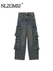 Woman Mid Waist Vintage Street Hot Baby For Pocket Workwear Denim Cargo Long Pants