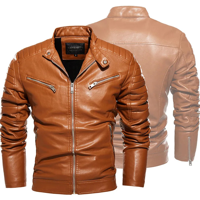 Winter Black Leather Jacket Men Fur Lined Warm Motorcycle Jacket Slim Street