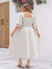 Plus Size Spring Summer Puffy Short Sleeve Dresses Female Elastic Waist Pleated