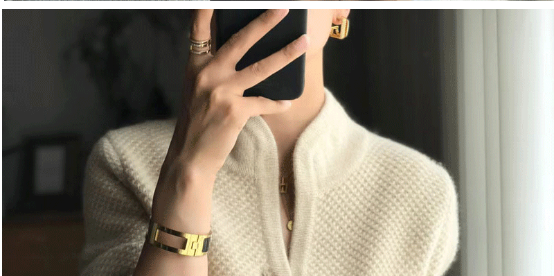 Autumn Winter Thickened 100% Cashmere Wool Cardigan Women Stand Neck