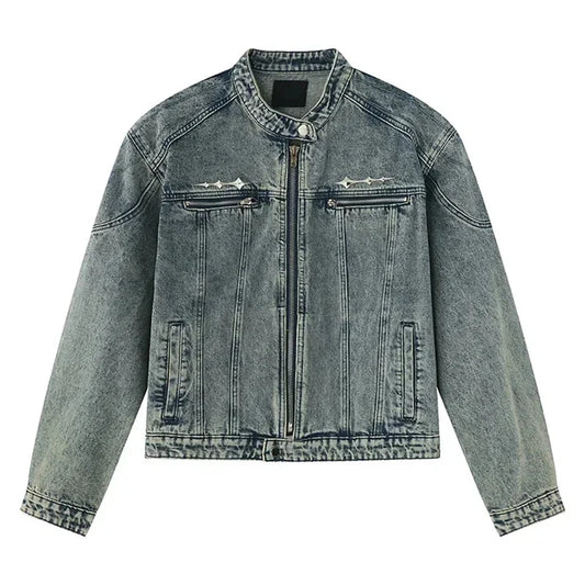 High Street Washed Denim Jackets Hip Hop Loose Zipper Metal Design Jean Jackets