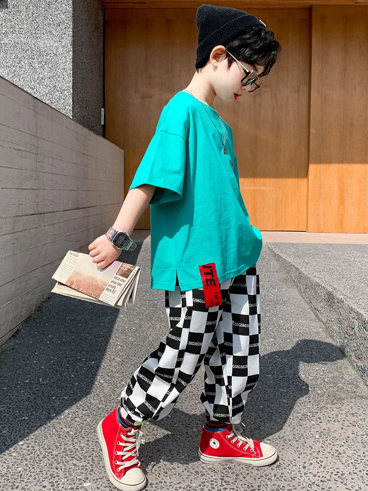 Summer Teenage Boy Girls Clothes Set Children Tshirts and Plaid Pants 2 Pieces Suit Kid Short Sleeve O Neck Top Bottom Tracksuit
