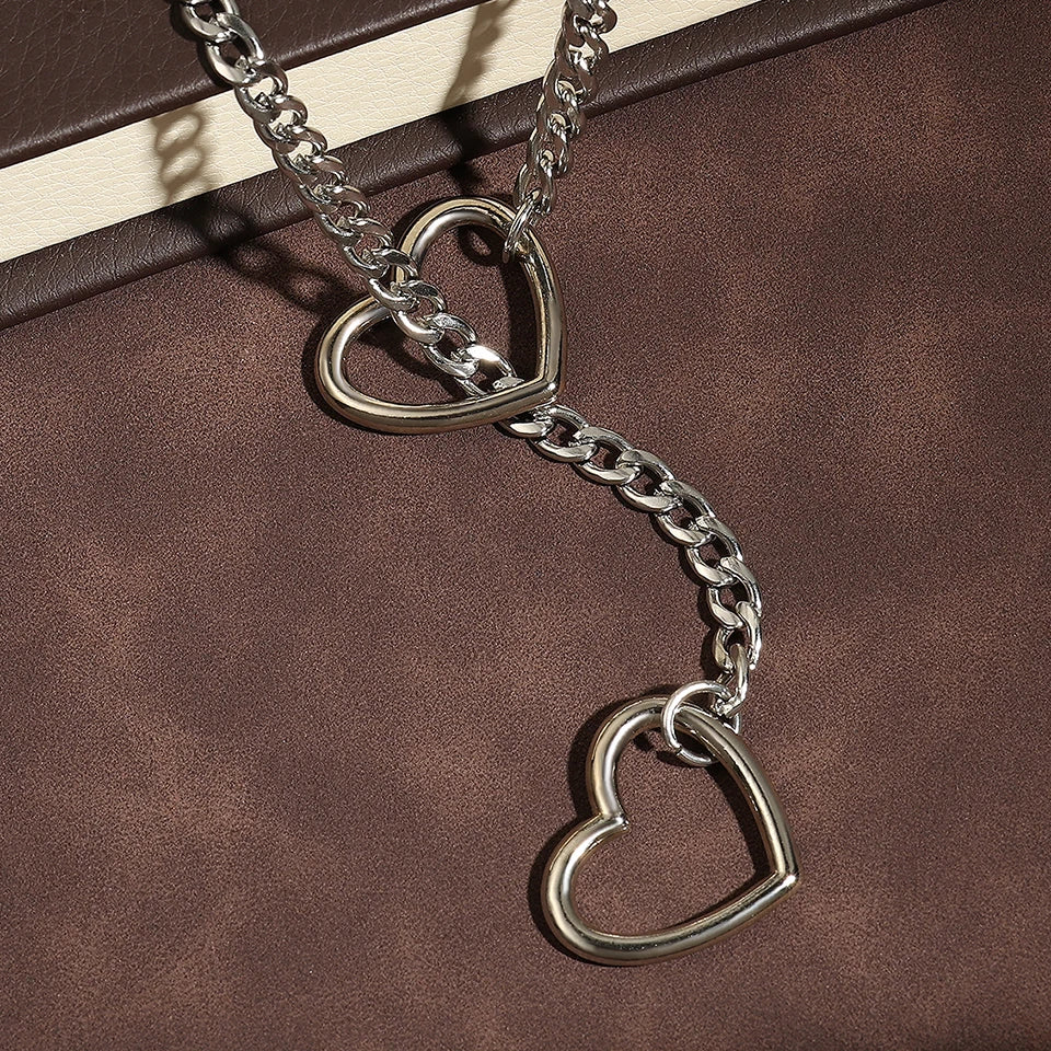 ZAKOL Adjustable Stainless Steel Cuban Link Necklace Hollow Heart Y-Shaped Necklace Punk Rock Style Party Accessories
